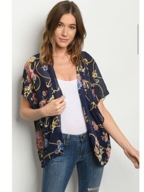Floral Nautical Anchor Cruise Vacation Resort Wear Kimono Shrug Top